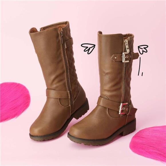 Girls Faux Fur Lining Knee High Winter Motorcycle Riding Boots Toddler/Kids - Picture 3 of 6